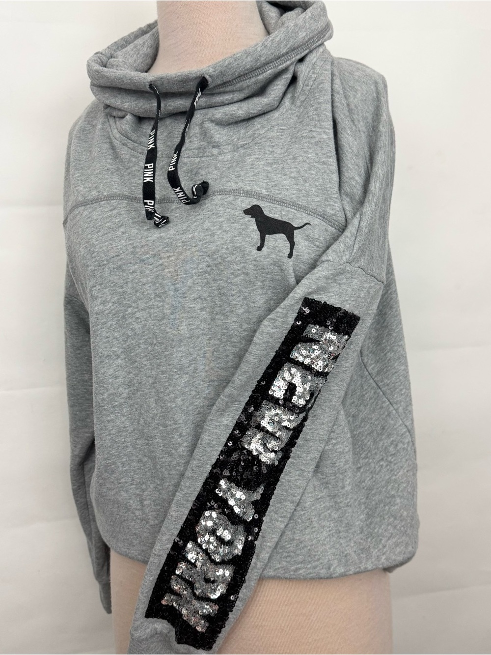 Victoria's Secret PINK New York Grey Sequin Bling Sleeve Dog Logo Hoodie Large